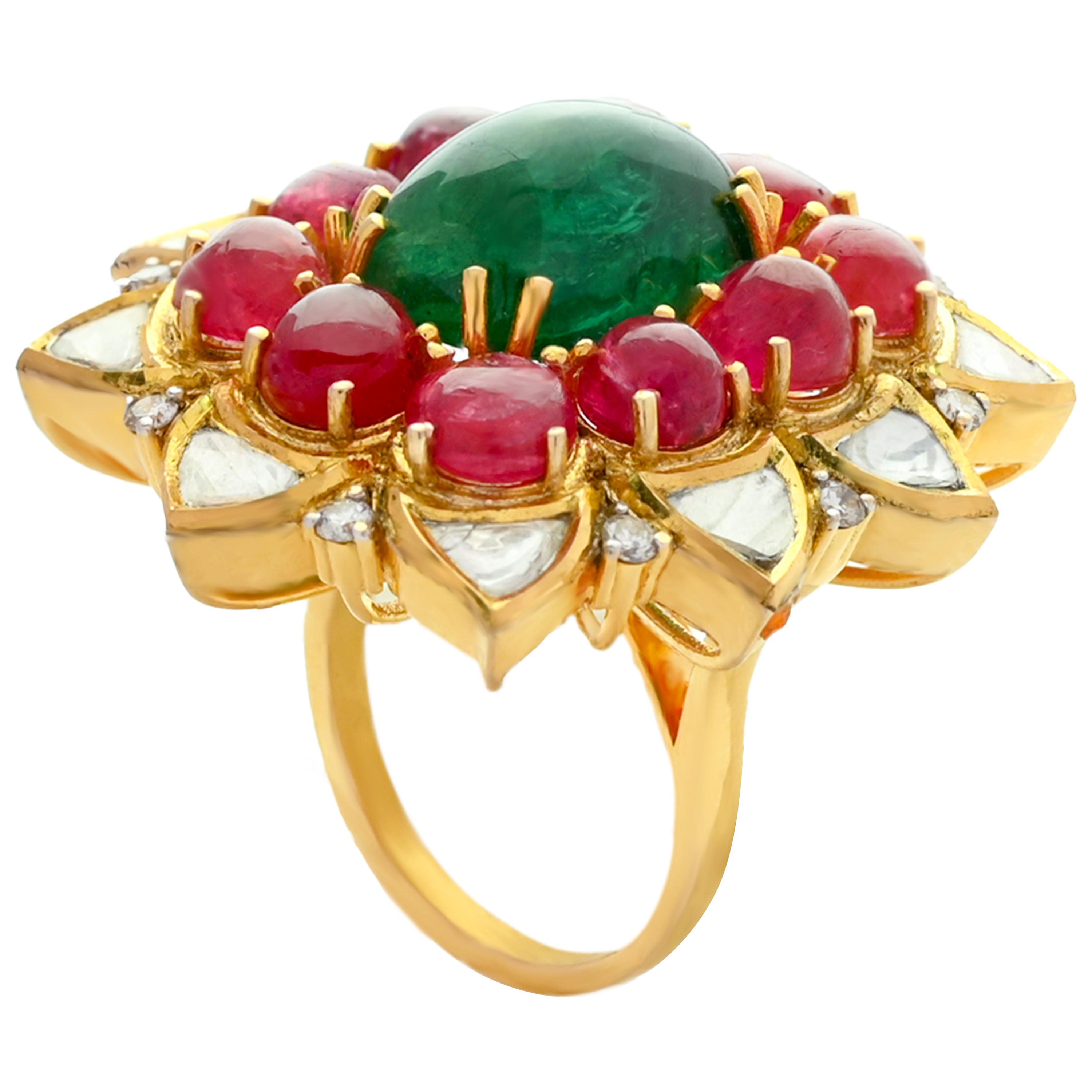 A striking ring set with spectacular 9.82ct natural Zambian emerald surrounded by natural red spinels with natural flat uncut diamond polkis and full cut diamonds.

The flat uncut polkis are set with the help of 24K fine gold to keep them setted in