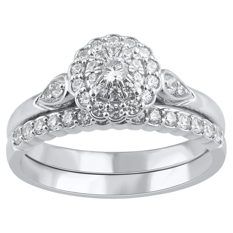 TJD 0,50 quilates de diamantes naturales de corte redondo Juego de anillos de novia de oro blanco de 14 quilates