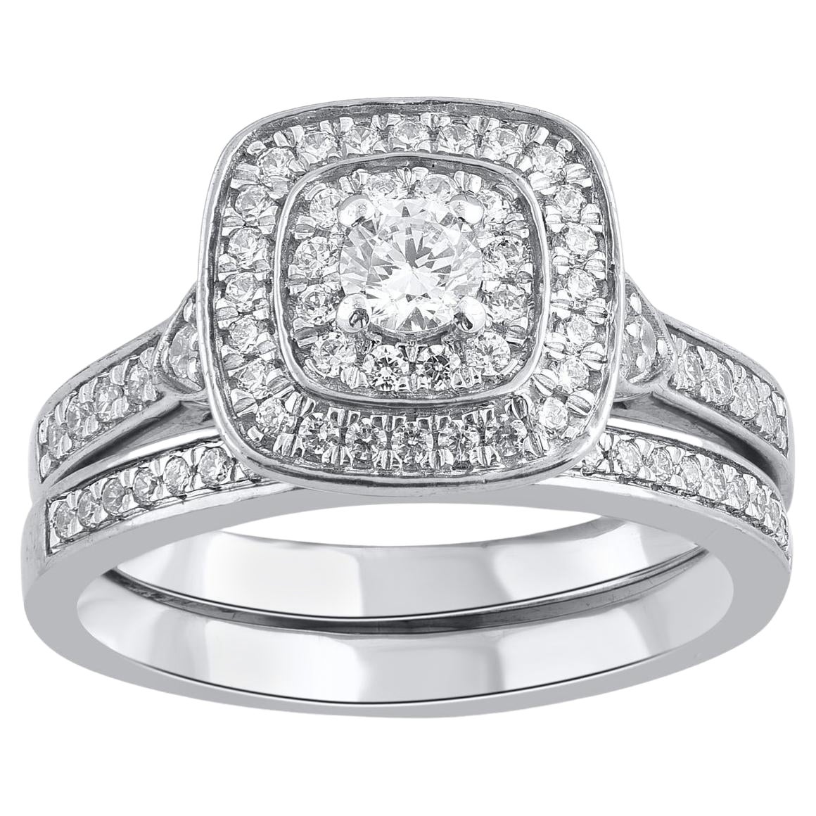 TJD 0,70 quilates de diamantes naturales de corte redondo Juego de anillos de novia de oro blanco de 14 quilates