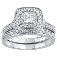 TJD 0,70 quilates de diamantes naturales de corte redondo Juego de anillos de novia de oro blanco de 14 quilates