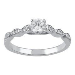 TJD Anillo de compromiso de oro blanco de 14 quilates con diamante natural de corte redondo de 0,50 quilates