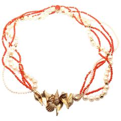 Vintage Kabana Coral Pearl Gold 5 Strand Bead Necklace