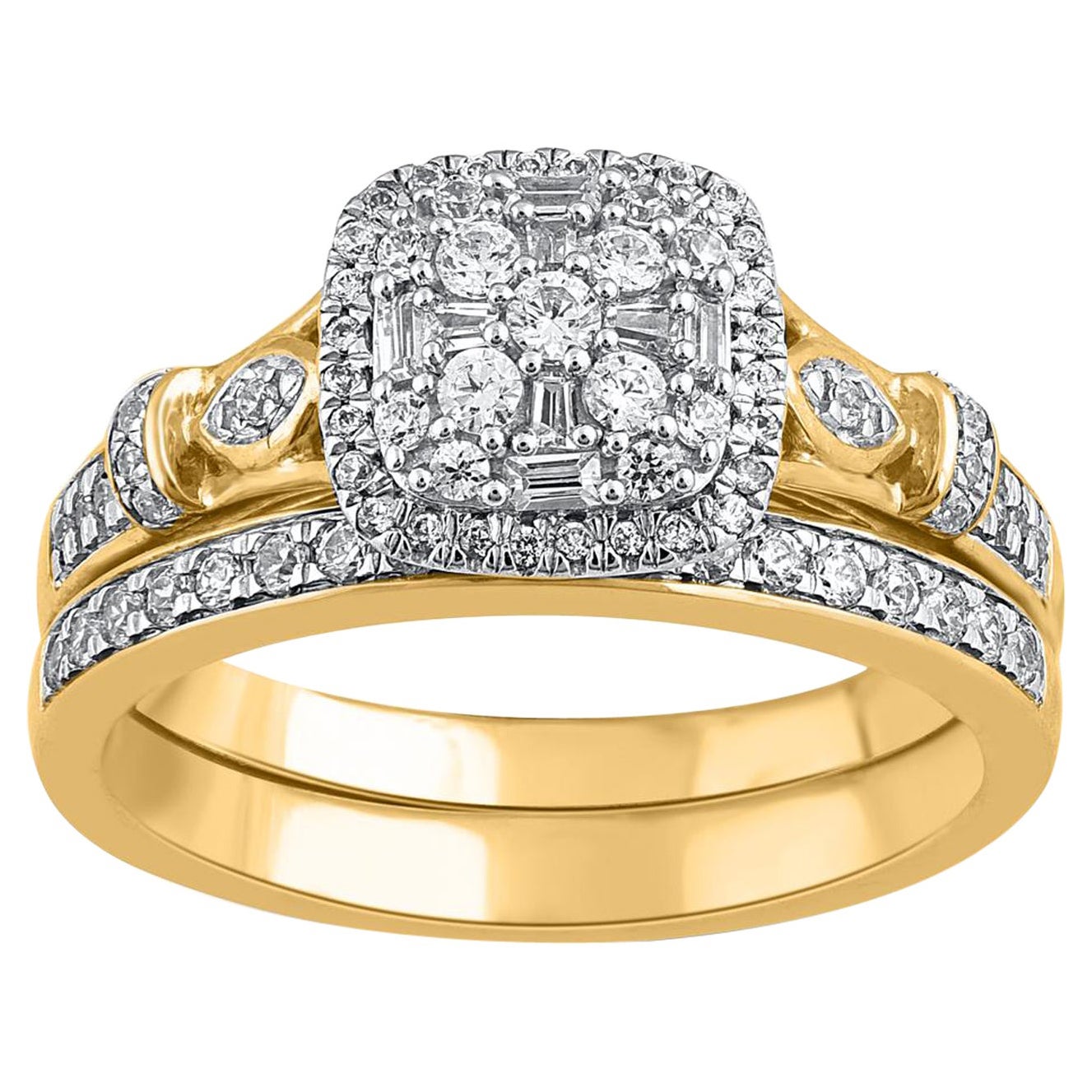 TJD Alianza de boda con halo de diamantes redondos y talla baguette de 0,50 quilates y oro amarillo de 14 quilates en venta