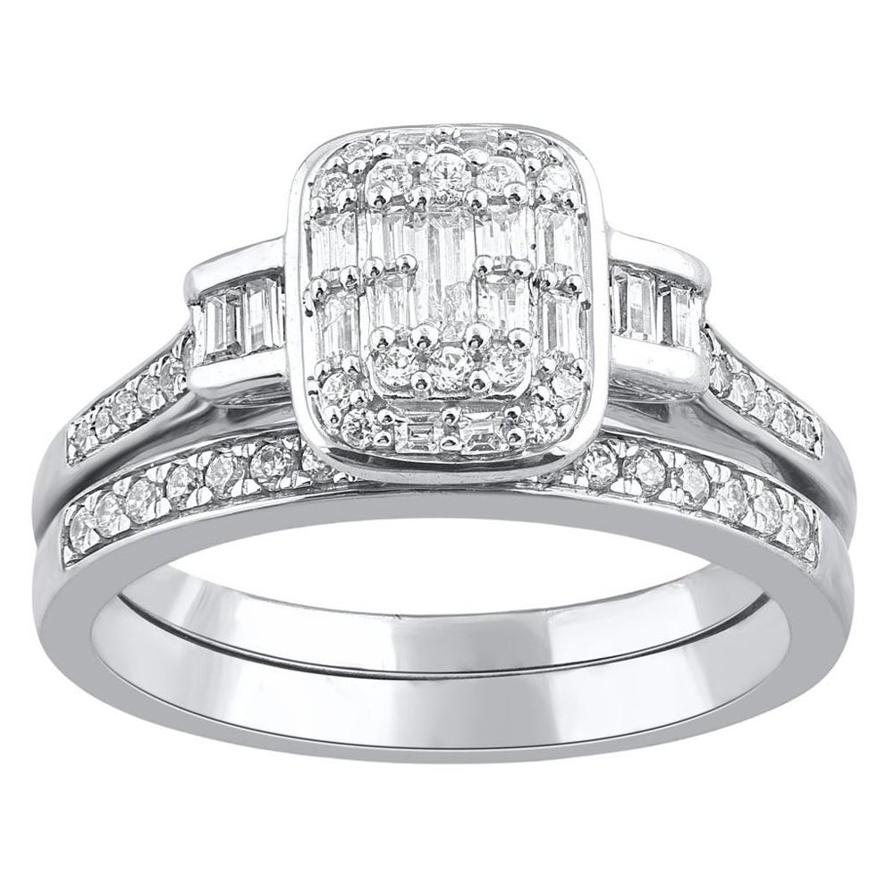 TJD Juego de anillo de novia de oro blanco de 14 quilates con diamante redondo y baguette de 0,50 quilates