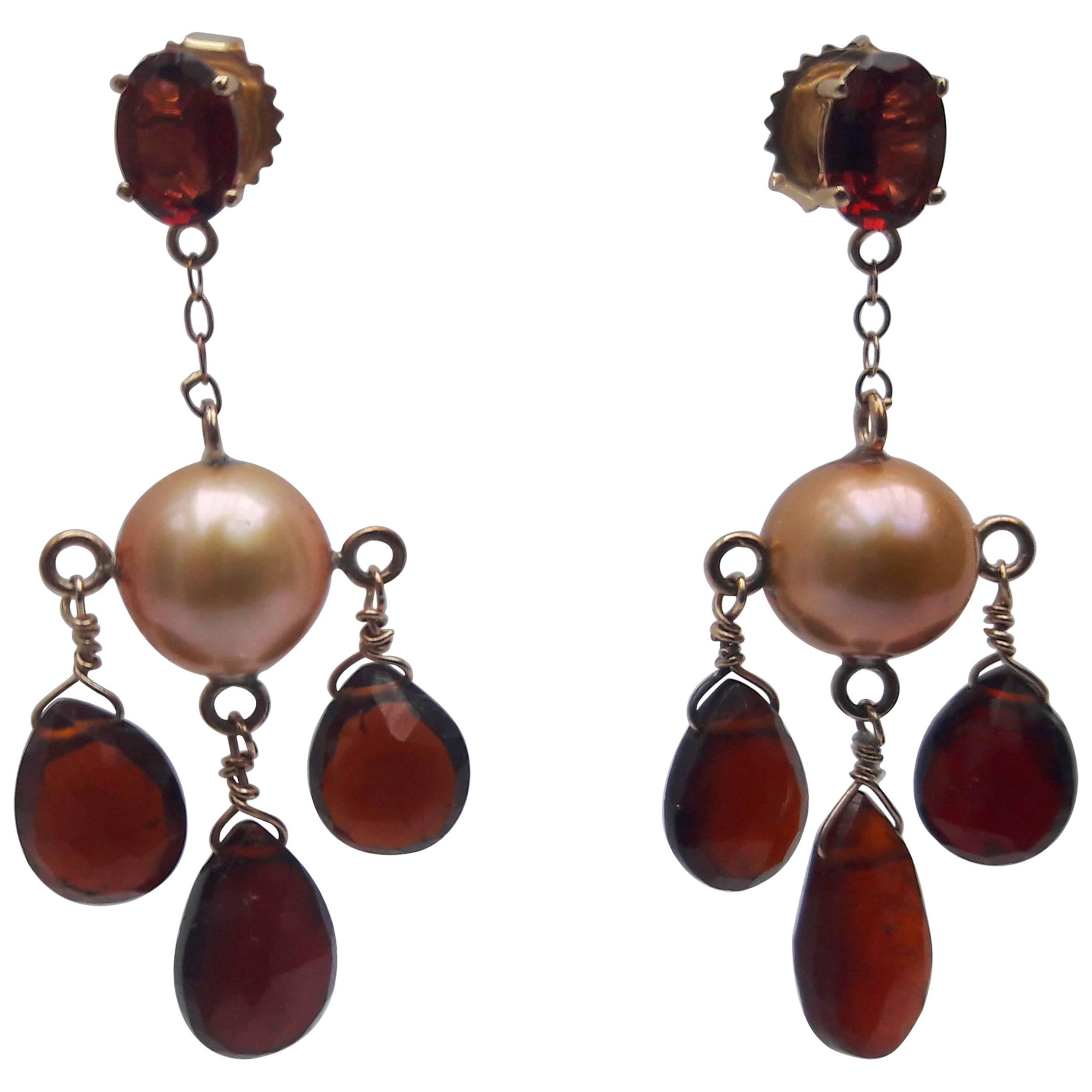 Marina J Golden color Pearl and Red Garnet Dangle Earrings with 14K Yellow Gold  For Sale