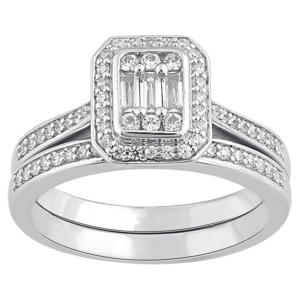 TJD Juego de Anillos de Novia de Oro Blanco de 14 Kilates con Diamante Redondo Natural de 0,50 Quilates