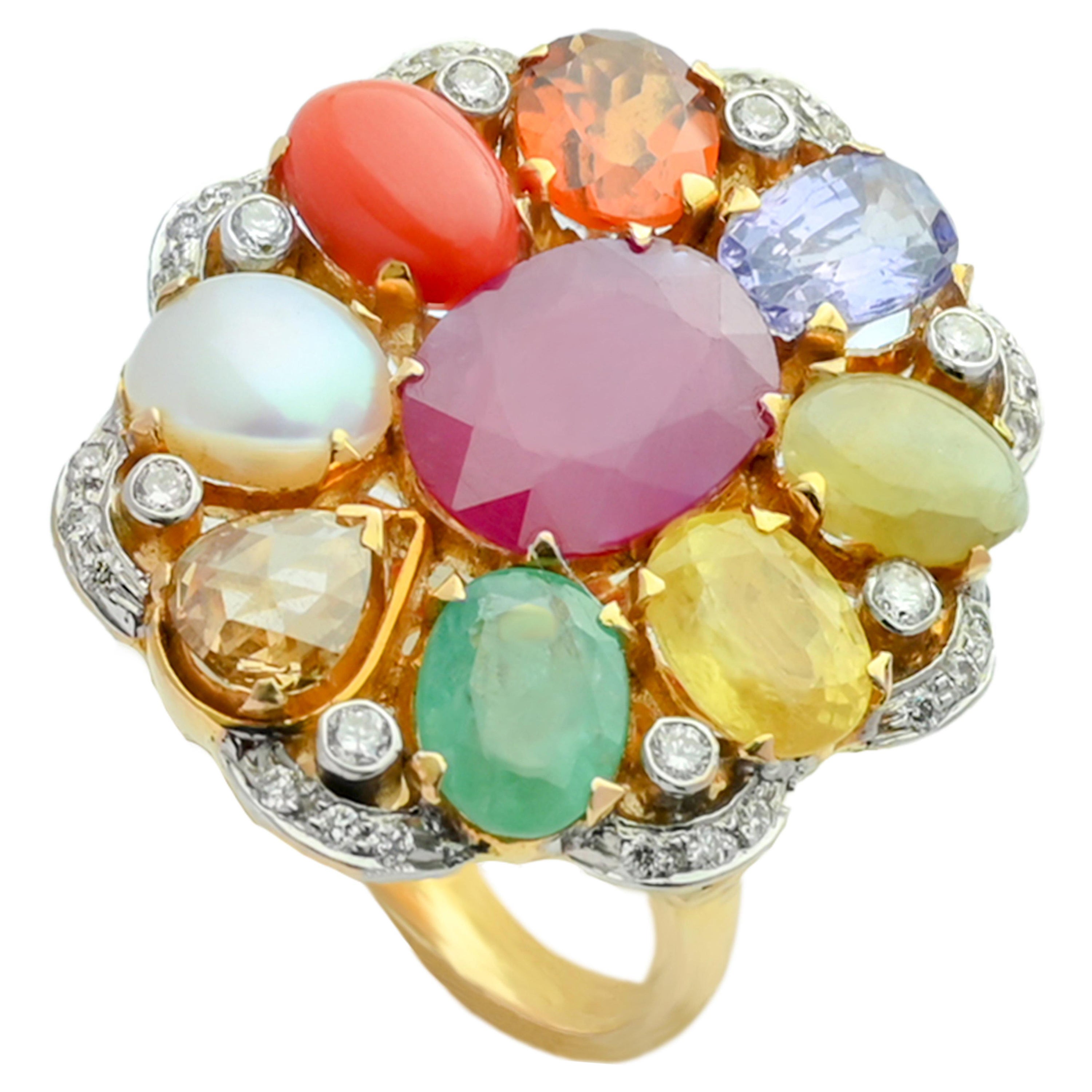 18K gold Nine natural Precious Gemstone Navratna ring with diamonds