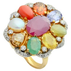 18 Karat Gold Neun natürlicher Edelstein Navratna Ring mit Diamanten
