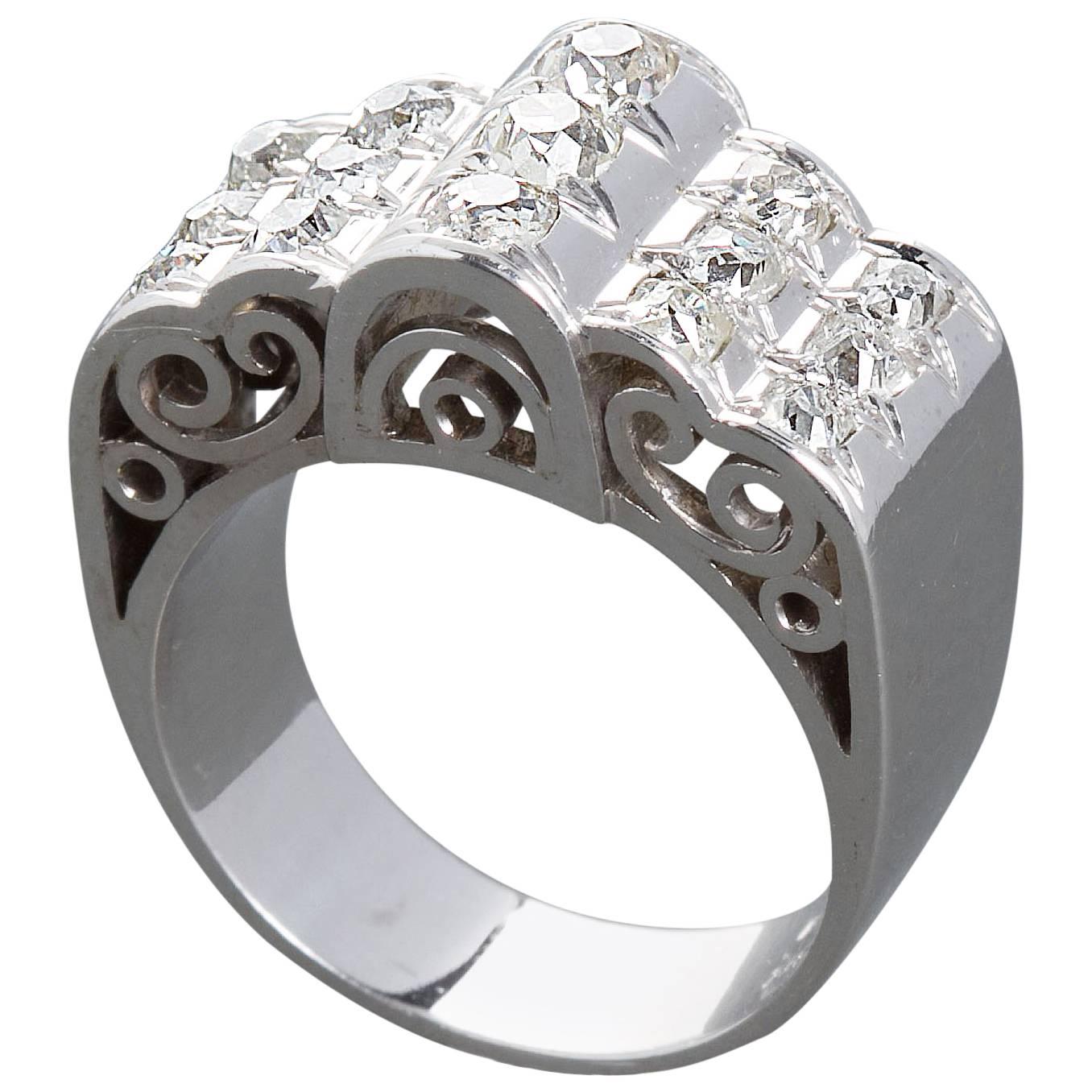 Diamond Gold Three Row Filigreed Motif Ring 1.80 Carats