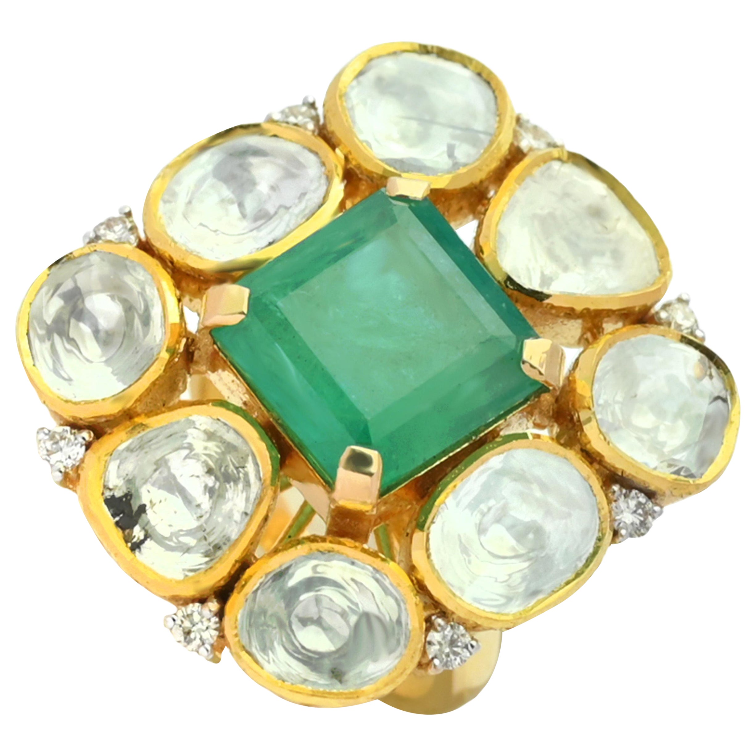 An 18 K Octagon natural emerald ring with Diamond Polki (flat uncut diamonds) For Sale
