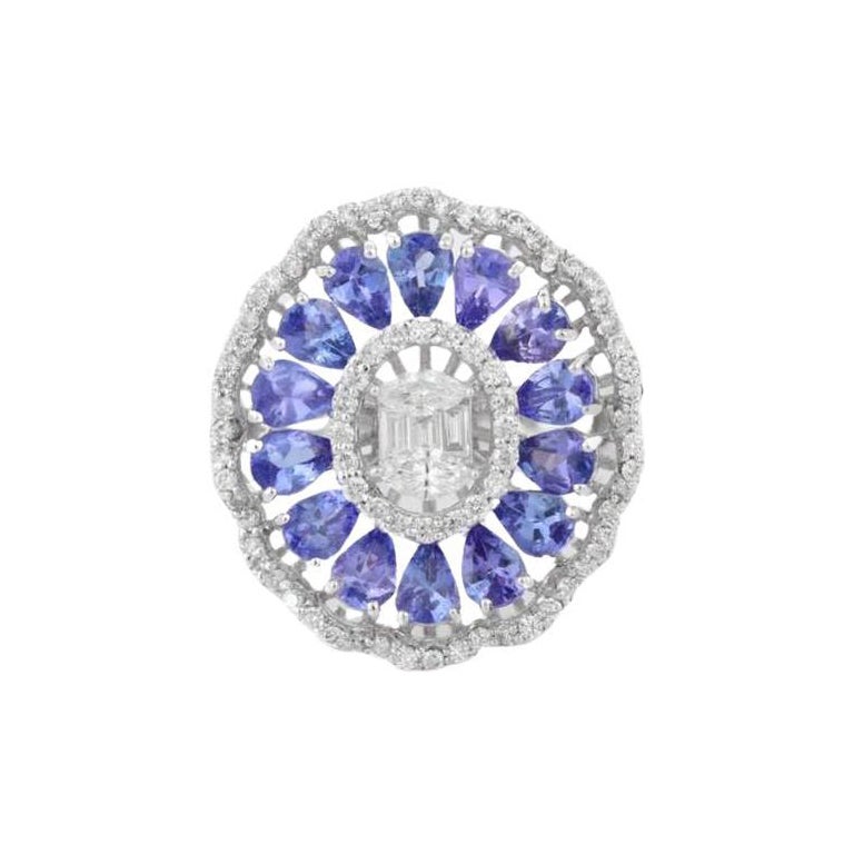 18K White Gold 2.26 cts Blue Sapphire Floral Cocktail Wedding Ring with Diamonds