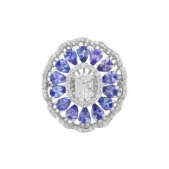 18K White Gold 2.26 cts Blue Sapphire Floral Cocktail Wedding Ring with Diamonds