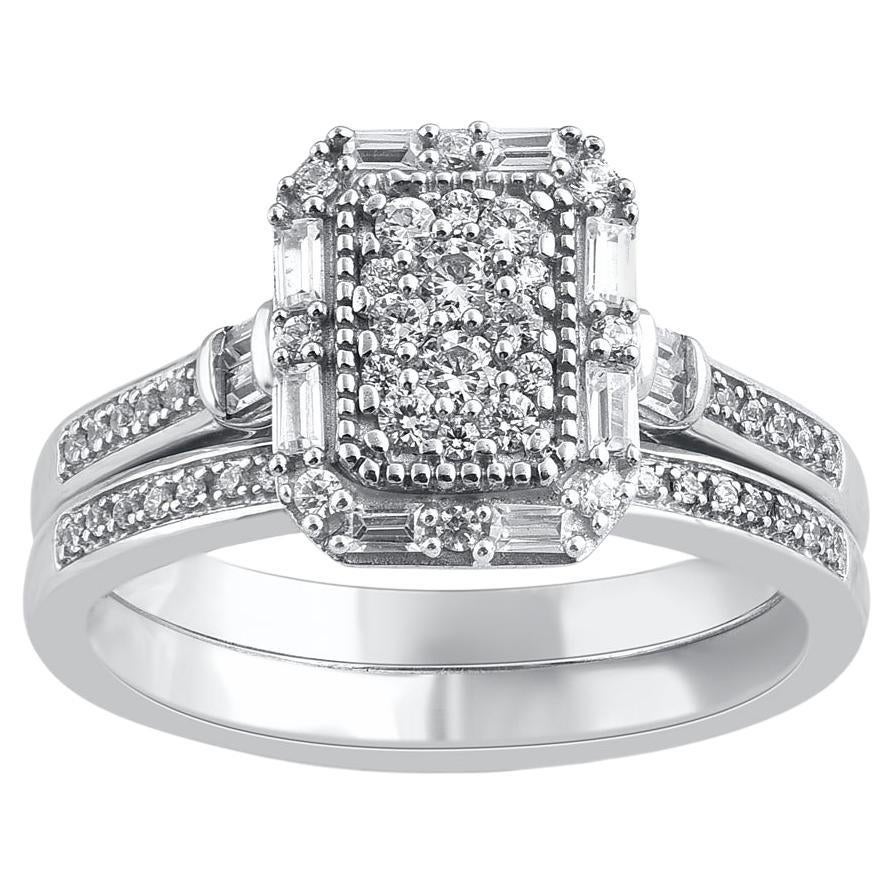 TJD Juego de Anillos de Novia de Oro Blanco de 14 Kilates con Diamante Redondo Natural de 0,50 Quilates