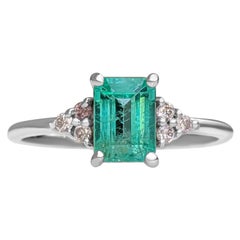 $1 NO RESERVE! 1.12 Carat Emerald & 0.11Ct Pink Diamonds - 14K White Gold Ring