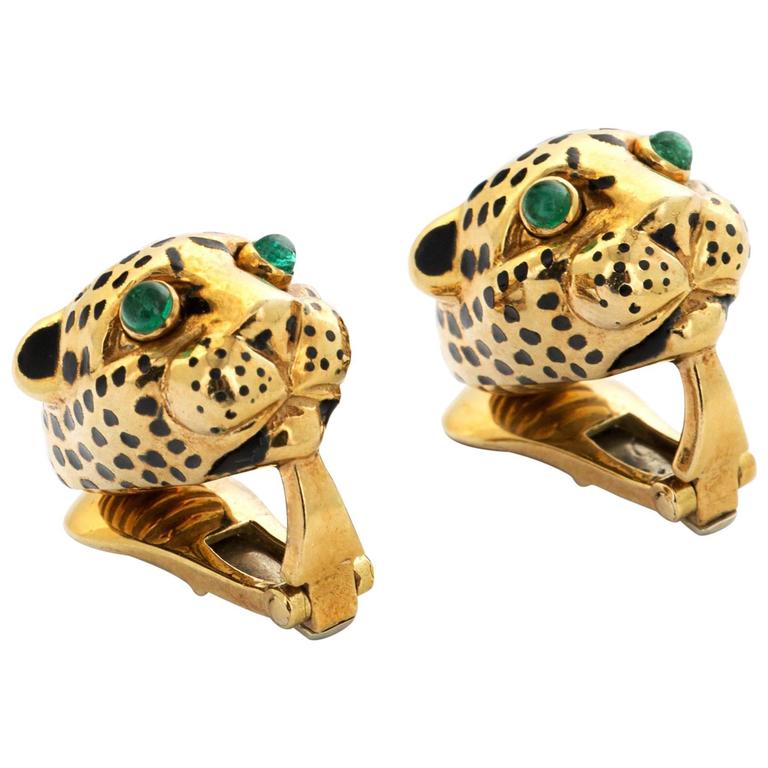 David b Pair of Enamel Gold Panther Earrings For Sale at 1stDibs