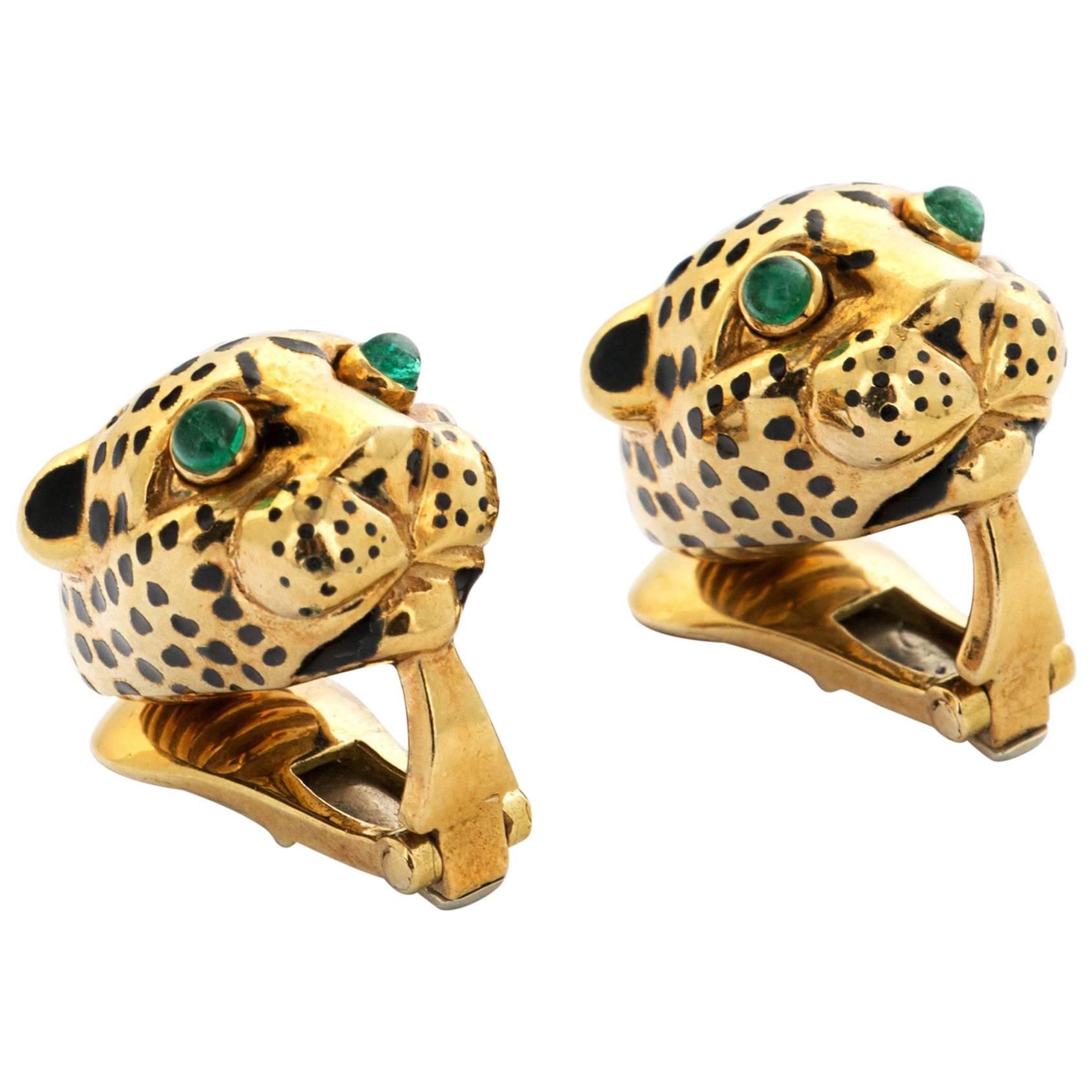 David Webb Pair of Enamel Gold Panther Earrings  For Sale
