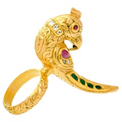 Mughal gold parrot ring in 22K gold and diamond polkis