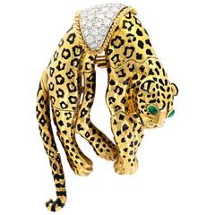 Vintage David Webb Enamel Diamond Spots Gold Panther Brooch