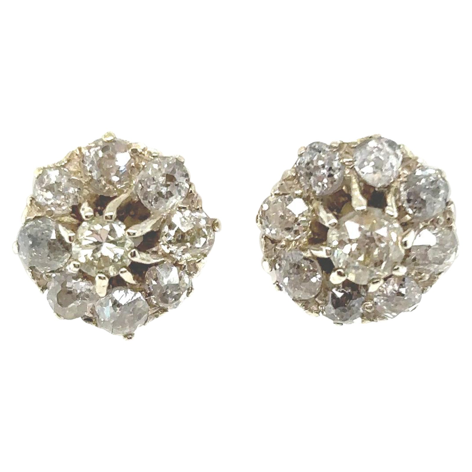 Victorian Diamond Cluster Earrings 18 Karat Yellow and White Gold For Sale