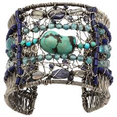 Turquoise Lapis Lazuli Aquamarine Crystal Woven Anodized Silver Bracelet 8