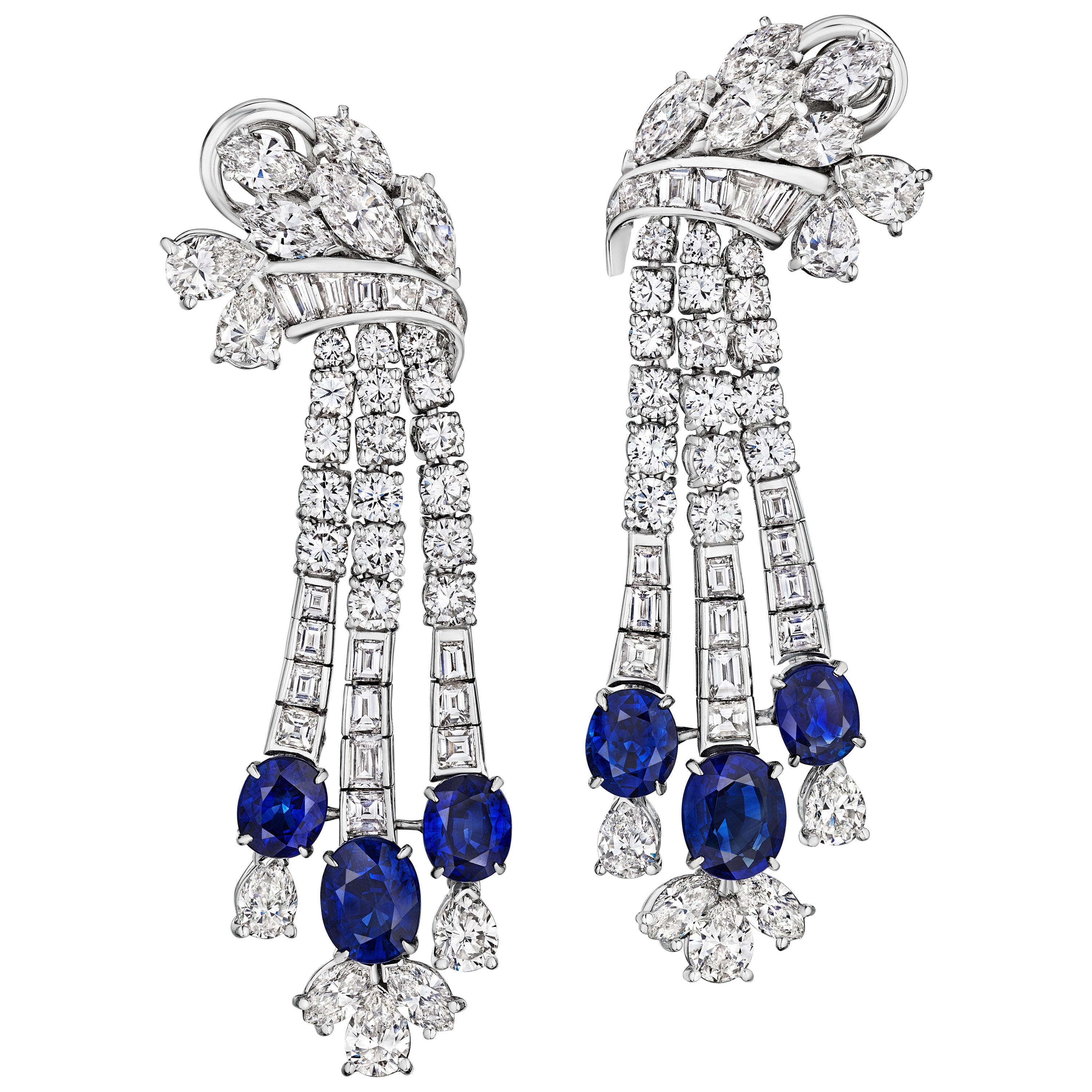 28.63 Carat Total Important Sapphire & Mixed-Cut Diamond Dangle Earrings For Sale