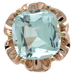 Bague rétro en or jaune rosé 14 carats avec aigue-marine de 10,72 carats