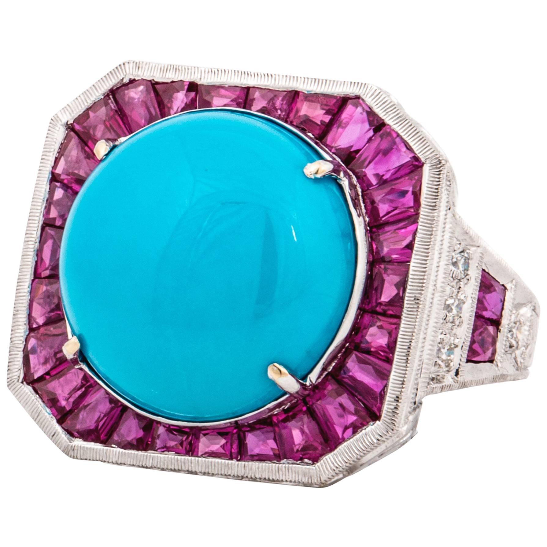 Turquoise Ruby and Diamond Ring in 18K White Gold