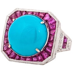 Turquoise Ruby and Diamond Ring in 18K White Gold