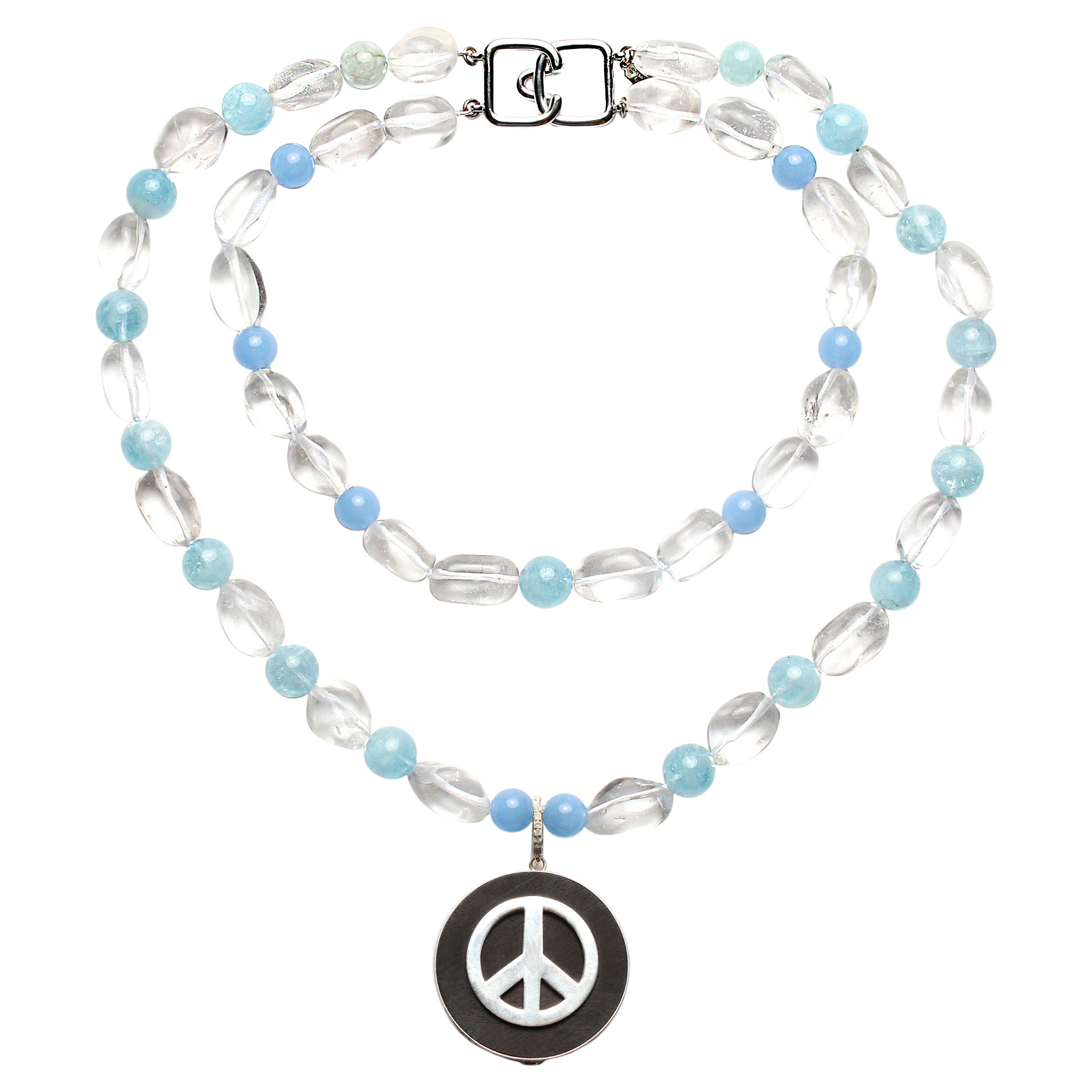 CLARISSA BRONFMAN Aquamarine Chalcedony 2 Strand Necklace & Ebony Peace Pendant For Sale