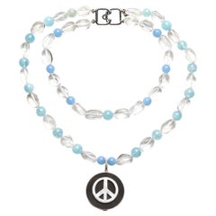 CLARISSA BRONFMAN Aquamarine Chalcedony 2 Strand Necklace & Ebony Peace Pendant