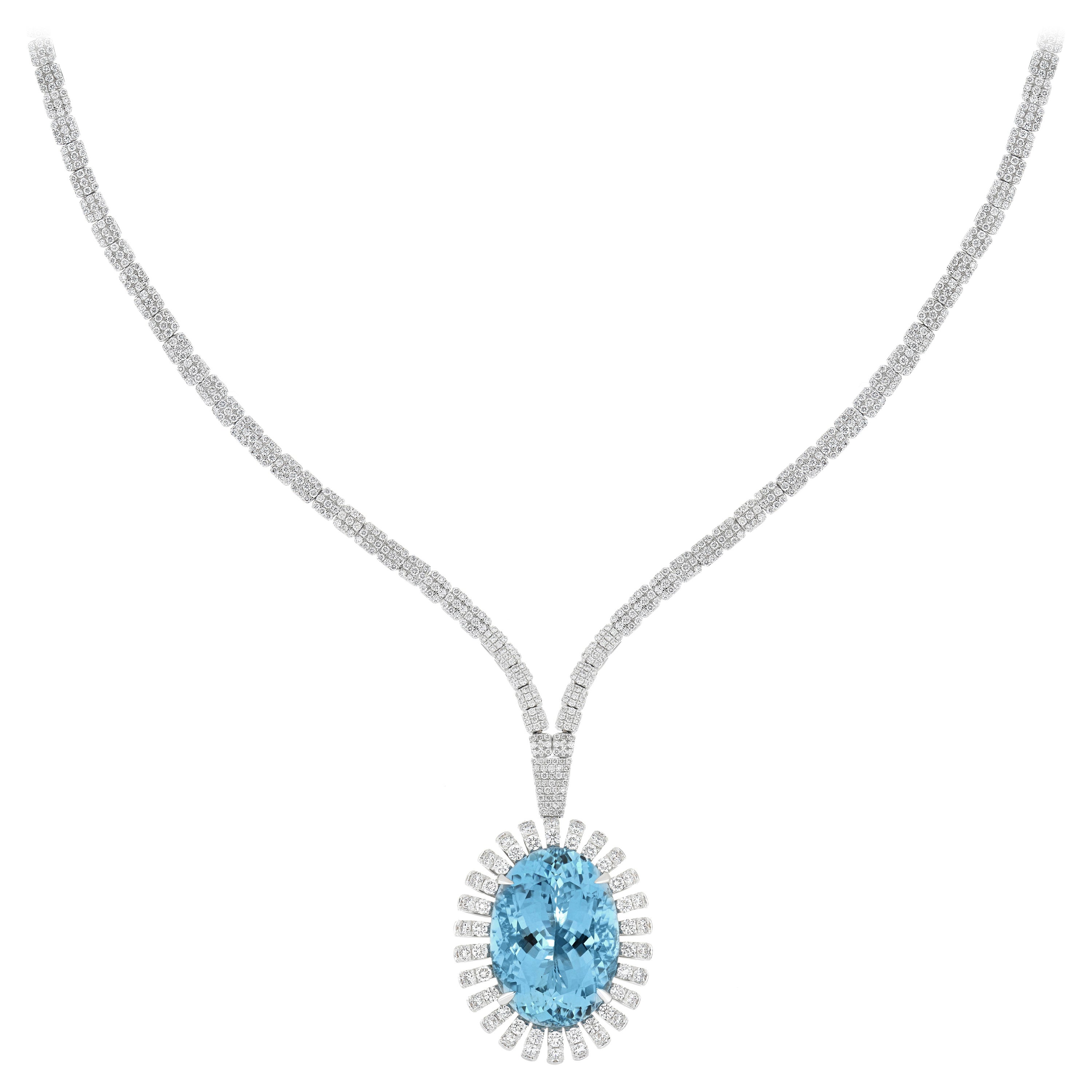 23.7 Ct's Aquamarine and Diamond Necklace in 18karat White Gold For Sale