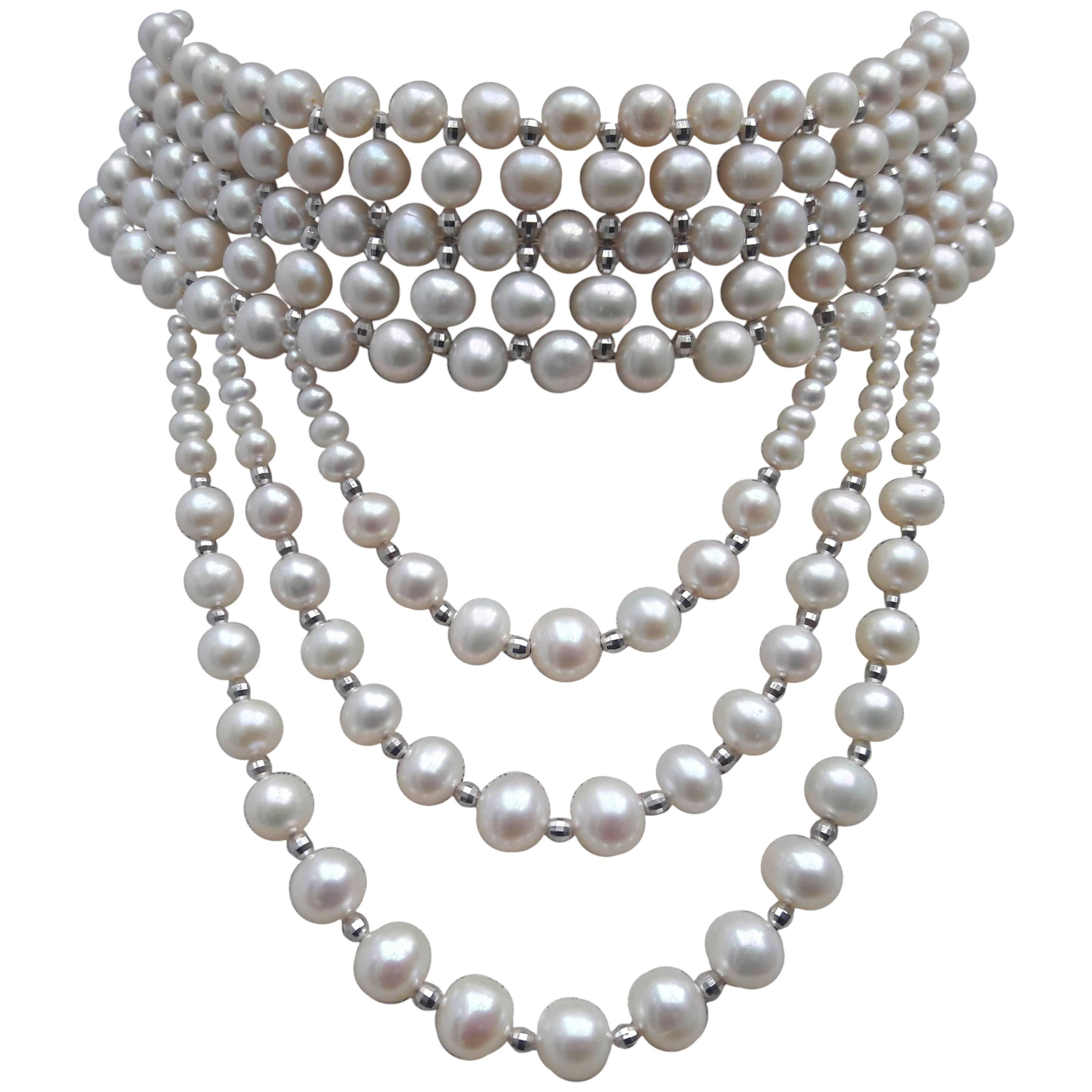 Marina J. Woven Pearl & 14K White Gold Drape Choker and Rhodium Silver Clasp 