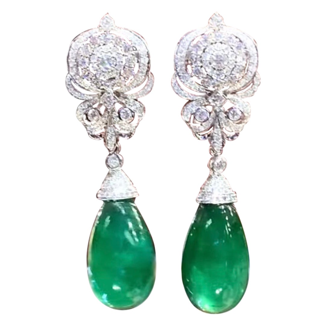 AIG Certified 50.00 Ct Zambian Emeralds  2.60 Ct Diamonds 18K Gold Earrings