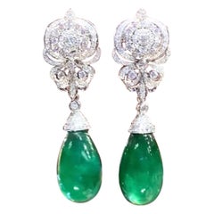 AIG Certified 50.00 Ct Zambian Emeralds  2.60 Ct Diamonds 18K Gold Earrings