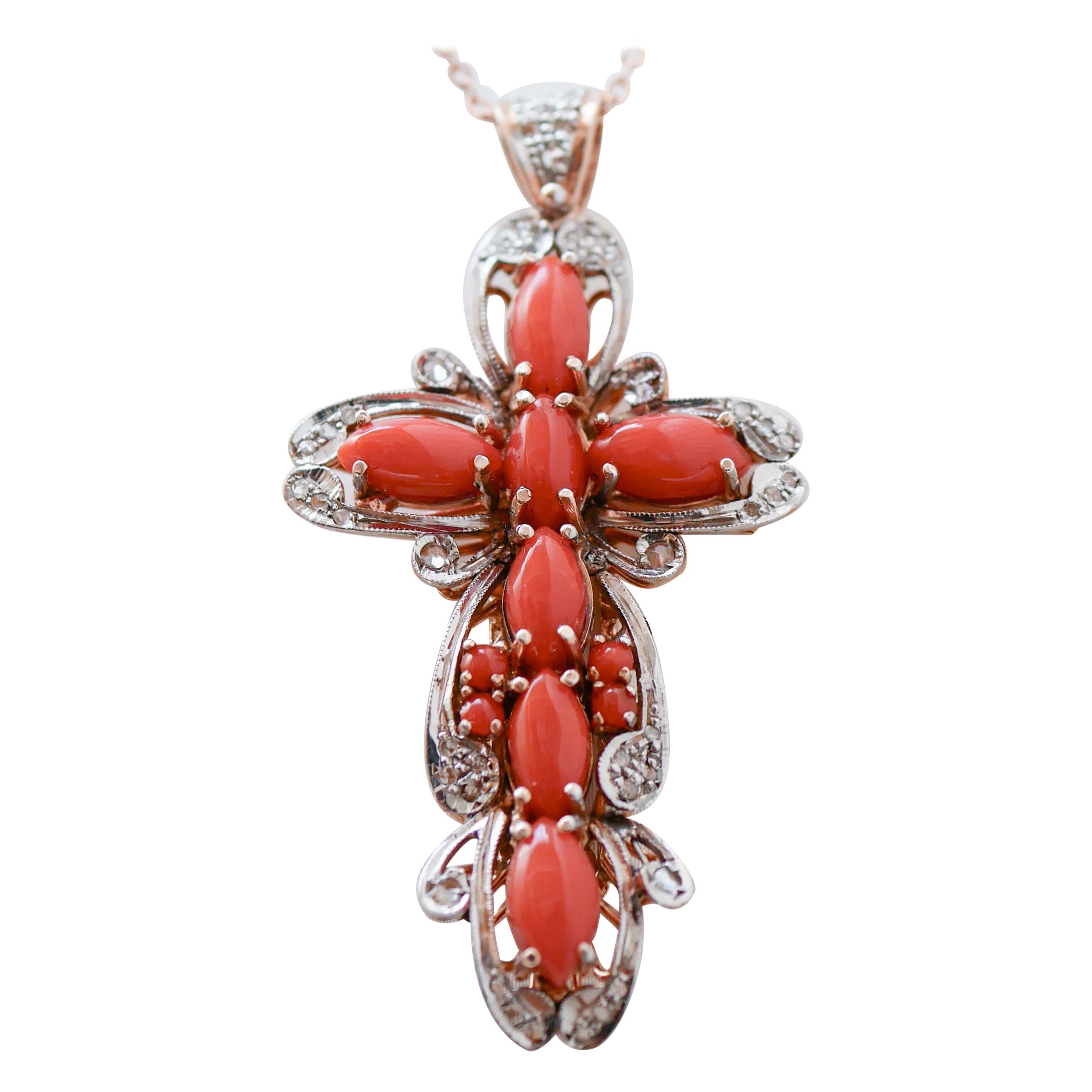 Coral, Diamonds, Rose Gold and Silver Cross Pendant Necklace. For Sale