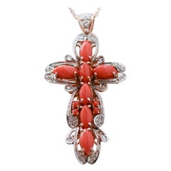 Coral, Diamonds, Rose Gold and Silver Cross Pendant Necklace.
