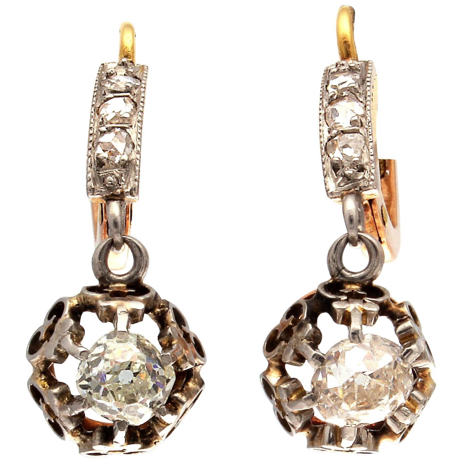 French Belle Epoque Diamond Platinum Gold Earrings