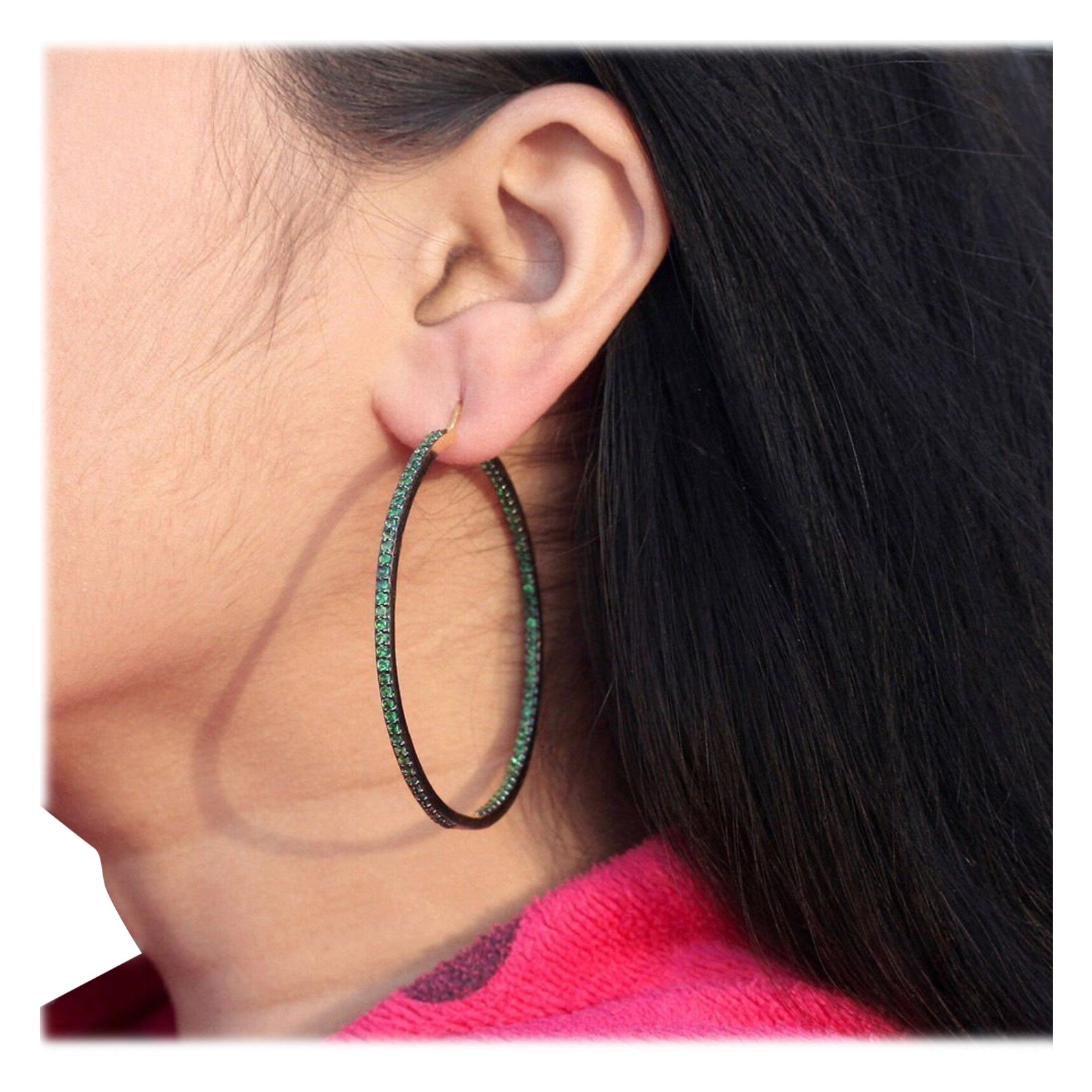 Precious Tsavorite Earrings 925 Sterling Silver Green Hoop Earrings For Sister.