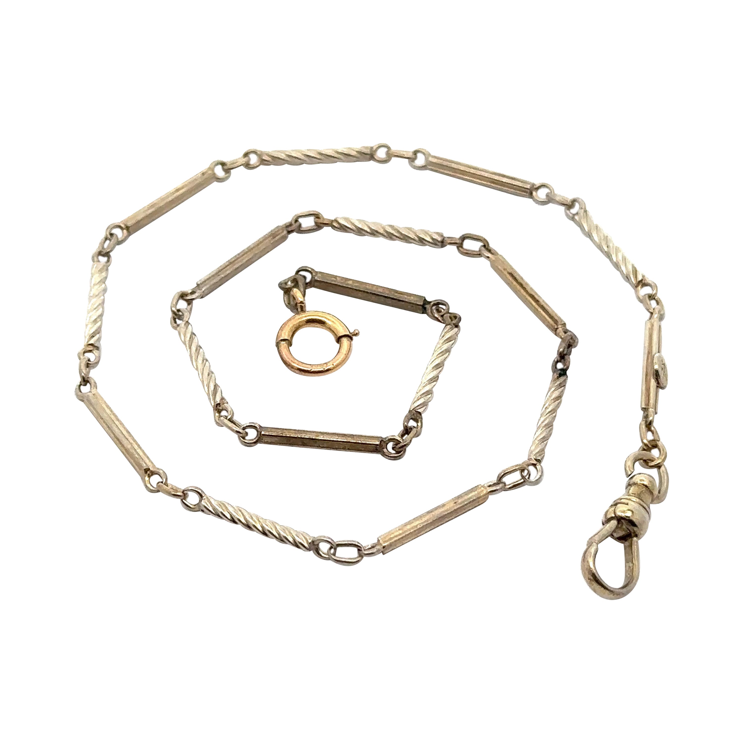 Antique 14k White Gold Grooved & Textured Bar Link Pocket Watch Chain