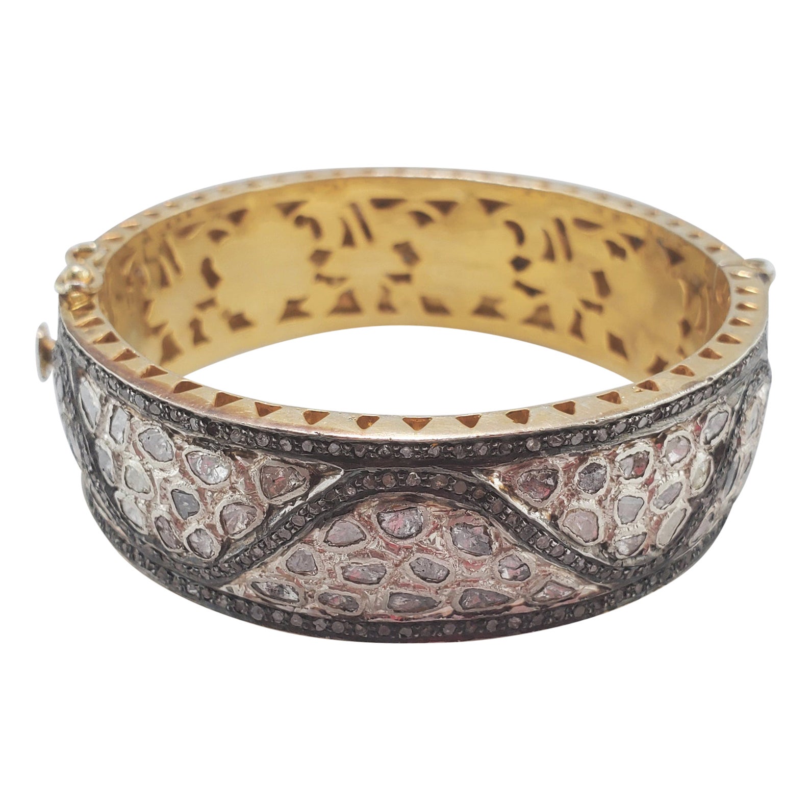 Designer Pave Diamond with Rose Cut Diamond Bangle 925 Sterling Silver Bracelet.