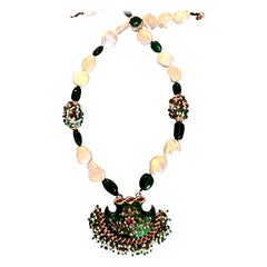 Pearl and emerald necklace with Mughal polki pendant