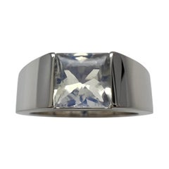 Raro anello Cartier d'epoca con pietra di luna quadrata tagliata a cuscino in oro bianco 18 carati 5,5
