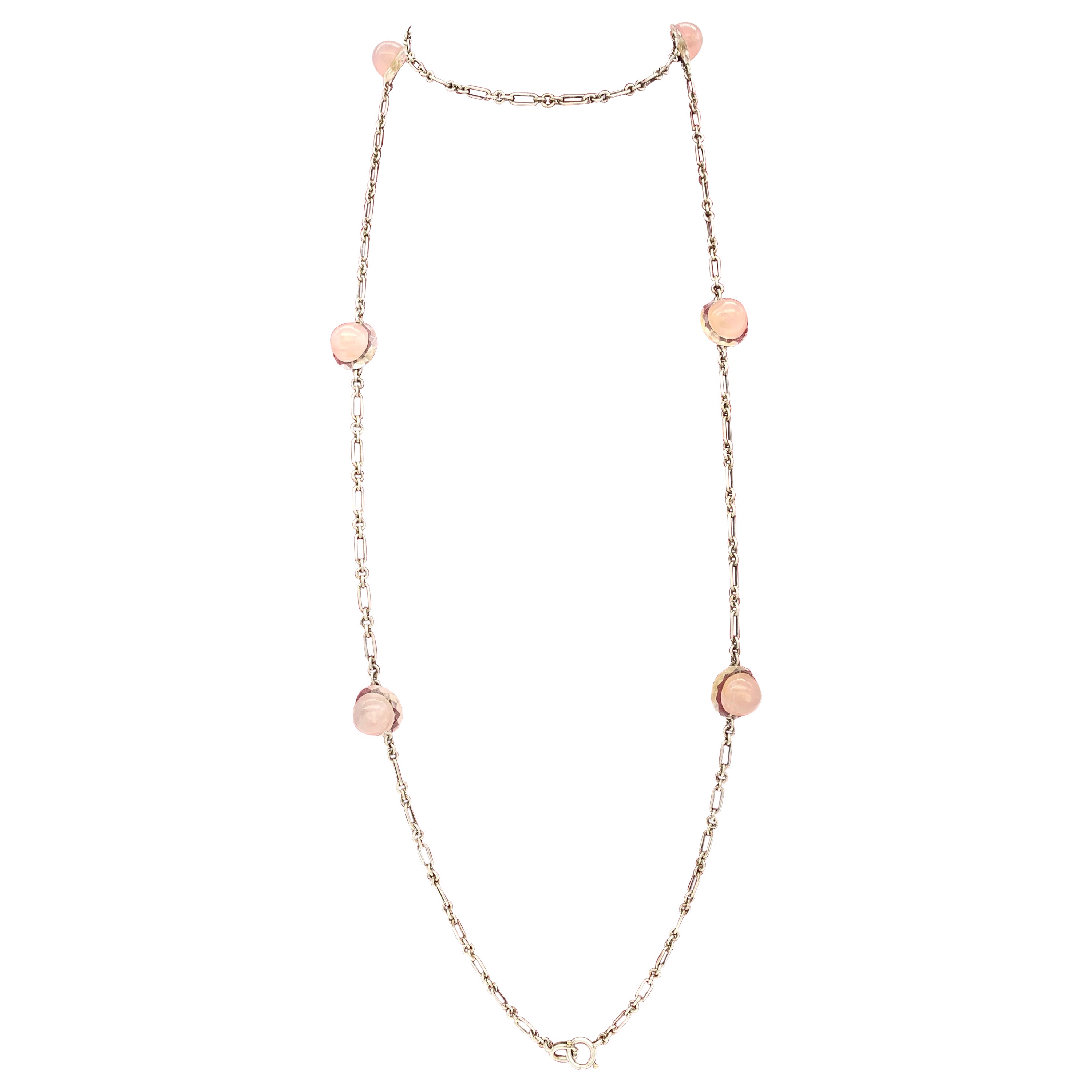 Catena da guardia lunga Belle Époque in argento Cabochon di quarzo rosa sfaccettato in vetro