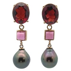 14K Yellow Gold Garnet, Pink Tourmaline and Black Pearl Earrings