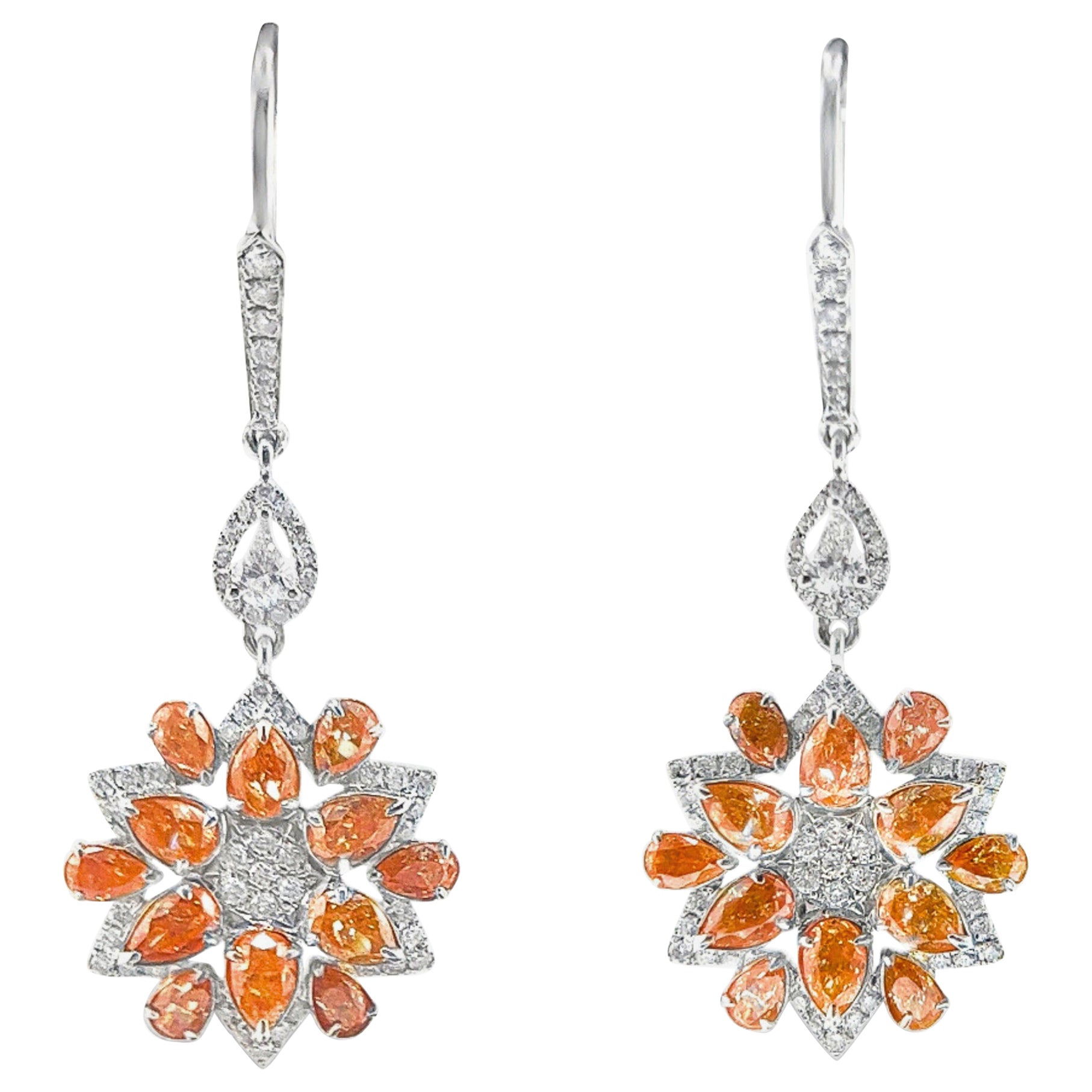 18K White Gold Natural Fancy Orange Diamond Sunflower Earrings with Diamonds