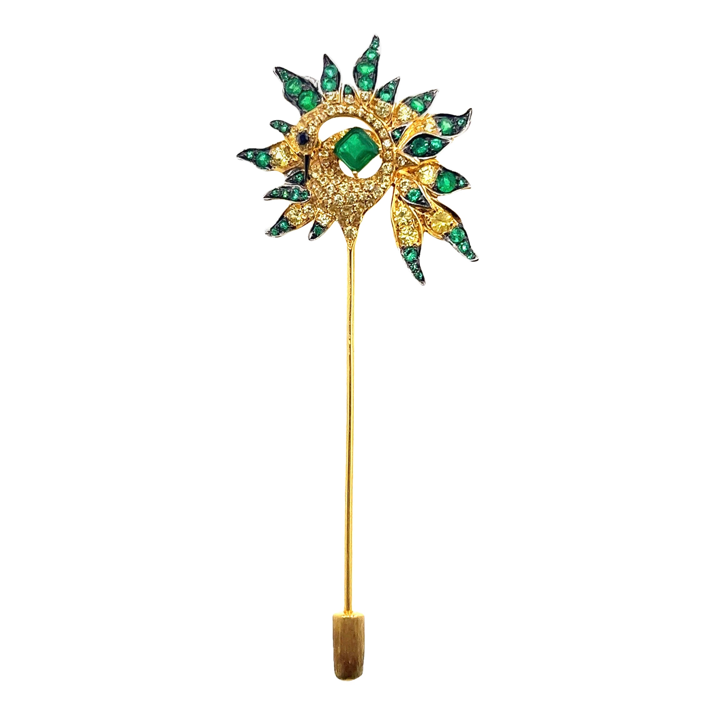18K Yellow Gold Emerald & Yellow Sapphire Brooch