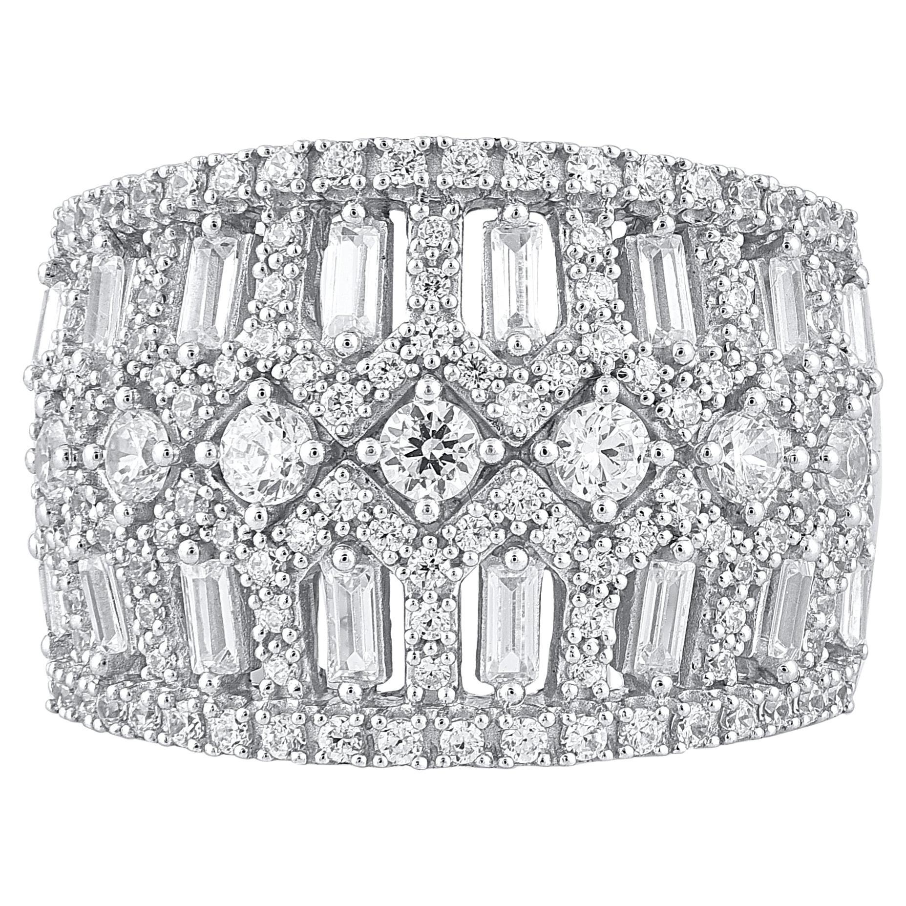 TJD 1.50 Carat Natural Round & Baguette Diamond 14KT White Gold Wide Band Ring