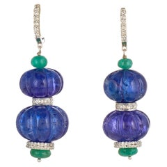 Art-Deco Carved Tanzanite, Emerald and Diamond Dangle Earrings