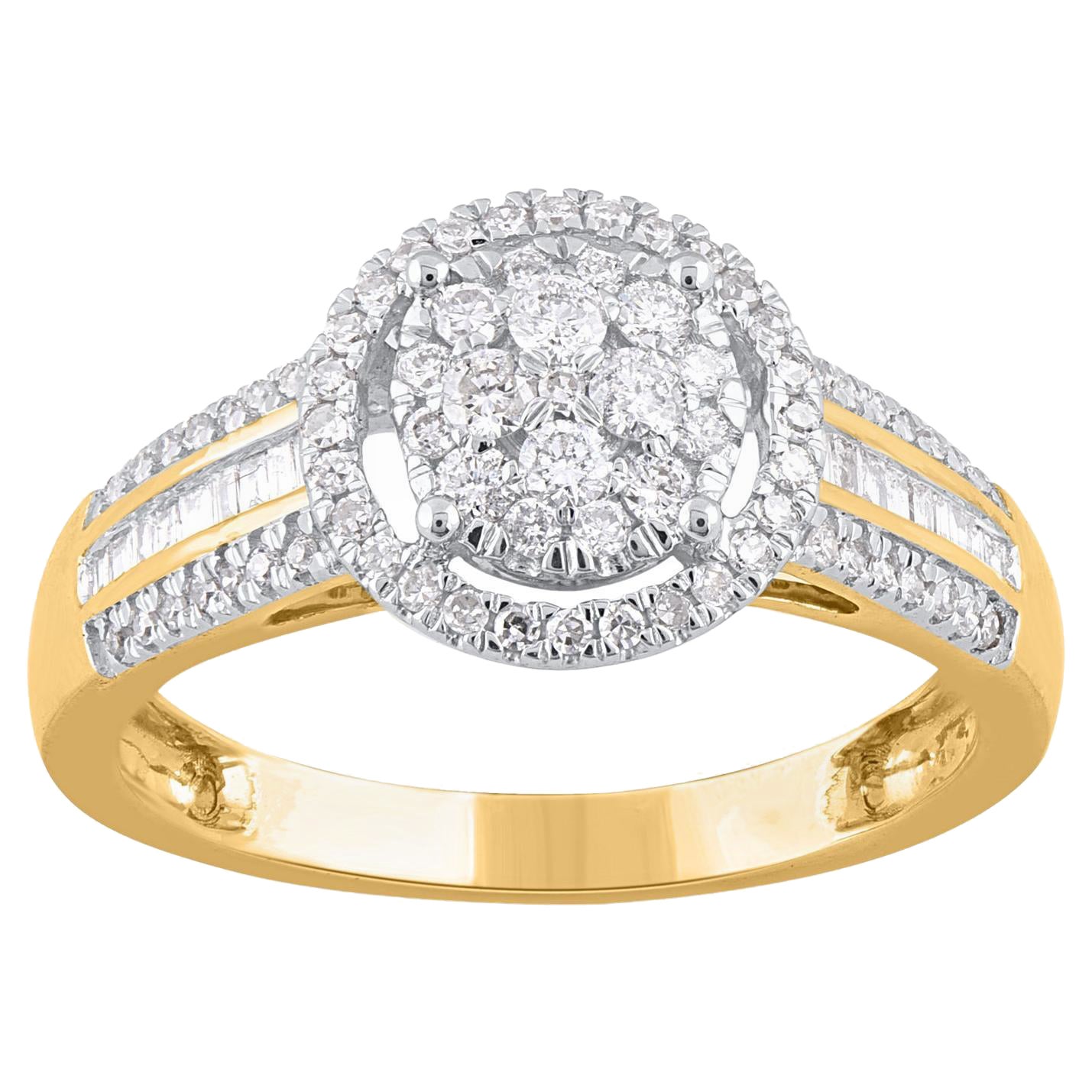 TJD 0.50 Carat Baguette & Round Diamond 14KT Yellow Gold Halo Engagement Ring