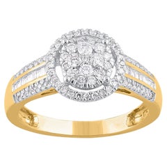 TJD 0.50 Carat Baguette & Round Diamond 14KT Yellow Gold Halo Engagement Ring